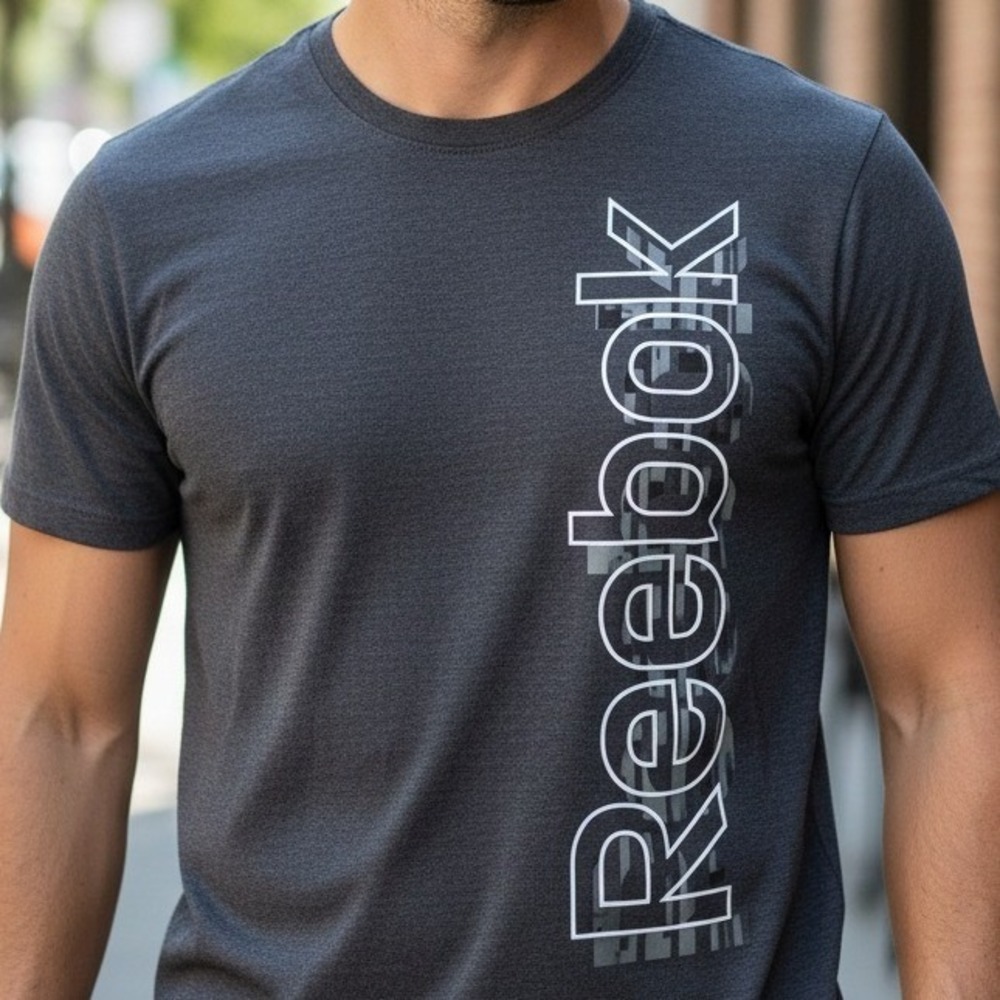Reebok Mens Graphic Tee Charcoal Gray Heathered Vertical Logo Shirt XL